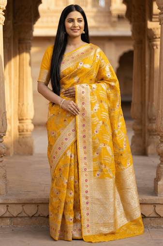 Banarasi pure silk cotton saree in mustard colour with floral zari and meenakari work