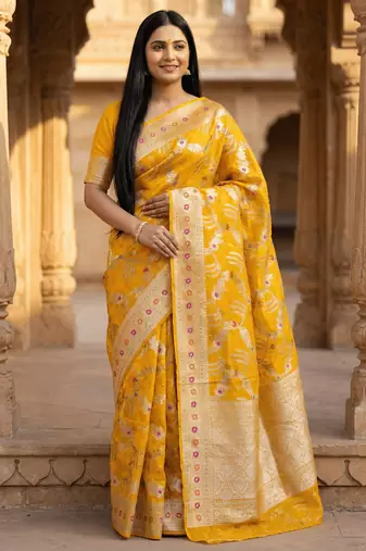 Banarasi pure silk cotton saree in mustard colour with floral zari and meenakari work