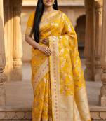 Banarasi pure silk cotton saree in mustard colour with floral zari and meenakari work
