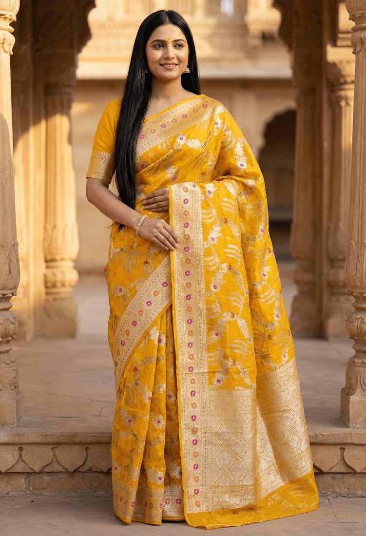 Banarasi pure silk cotton saree in mustard colour with floral zari and meenakari work