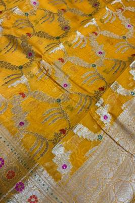 Banarasi pure silk cotton saree in mustard colour with floral zari and meenakari work 2