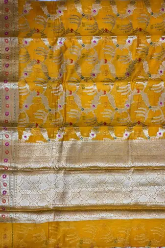 Banarasi pure silk cotton saree in mustard colour with floral zari and meenakari work