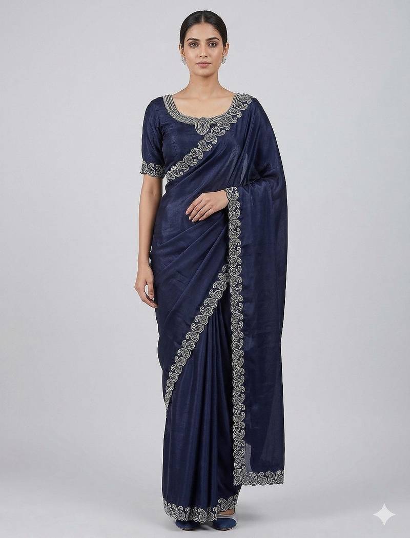 New Designer Space Silk Saree with Elegant Zarkan Diamond Work Women's Saree With Blouse Set