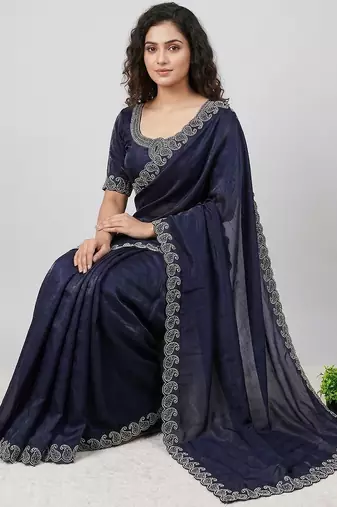 Space Silk Saree with Elegant Zarkan Diamond Work Women's Saree With Blouse Set