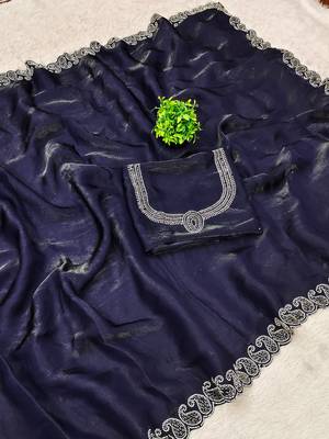Space Silk Saree with Elegant Zarkan Diamond Work Women's Saree With Blouse Set 4