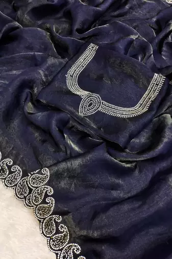 Space Silk Saree with Elegant Zarkan Diamond Work Women's Saree With Blouse Set