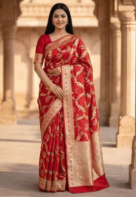 Banarasi pure silk cotton saree in red colour with floral zari and meenakari work 1