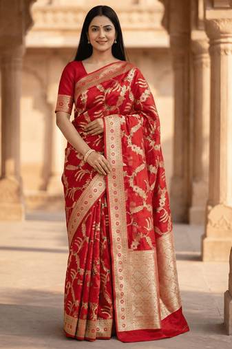 Banarasi pure silk cotton saree in red colour with floral zari and meenakari work
