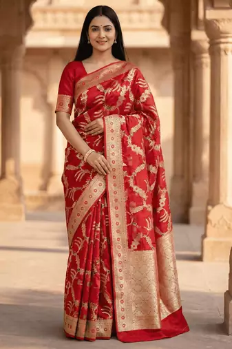Banarasi pure silk cotton saree in red colour with floral zari and meenakari work