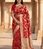 Banarasi pure silk cotton saree in red colour with floral zari and meenakari work