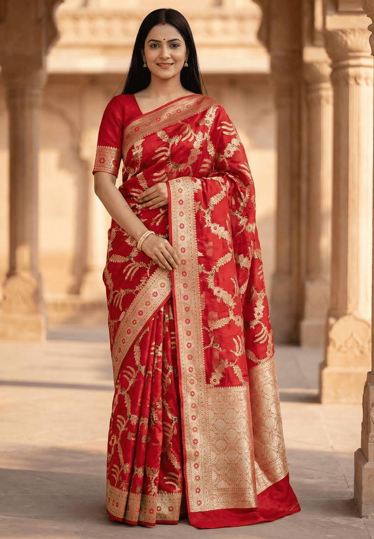 Banarasi pure silk cotton saree in red colour with floral zari and meenakari work