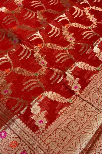 Banarasi pure silk cotton saree in red colour with floral zari and meenakari work