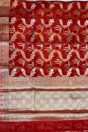 Banarasi pure silk cotton saree in red colour with floral zari and meenakari work