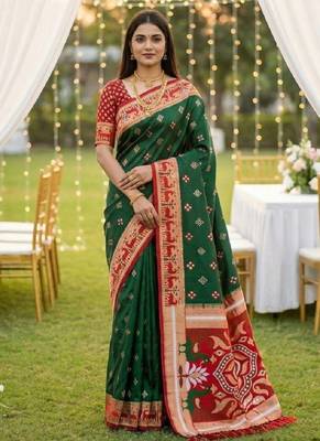 Green soft saree with zari weawing meenakari rich pallu and unique ikkat border 1