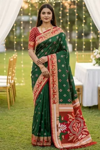 Green soft  saree with zari weawing meenakari rich pallu and unique ikkat border