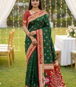 Green soft saree with zari weawing meenakari rich pallu and unique ikkat border