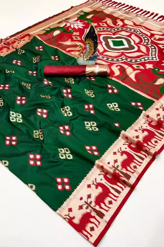 Green soft saree with zari weawing meenakari rich pallu and unique ikkat border
