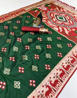 Green soft saree with zari weawing meenakari rich pallu and unique ikkat border 3