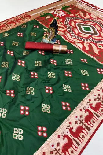 Green soft saree with zari weawing meenakari rich pallu and unique ikkat border
