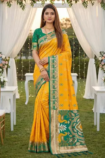 Yellow soft  saree with zari weawing meenakari rich pallu and unique ikkat border