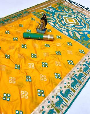 Yellow soft saree with zari weawing meenakari rich pallu and unique ikkat border 2