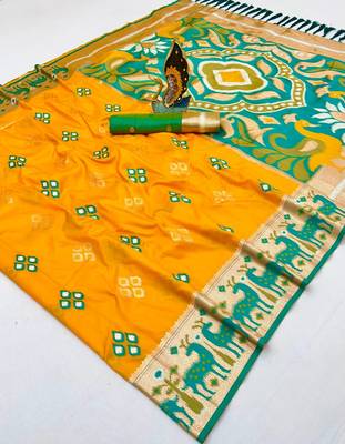 Yellow soft saree with zari weawing meenakari rich pallu and unique ikkat border 3