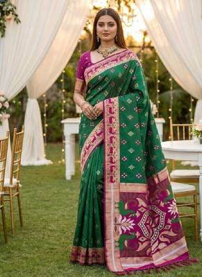 Rama soft saree with zari weawing meenakari rich pallu and unique ikkat border 1