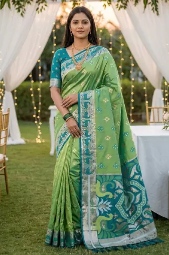 Green soft  saree with zari weawing meenakari rich pallu and unique ikkat border