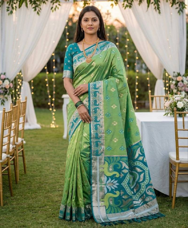 Green soft  saree with zari weawing meenakari rich pallu and unique ikkat border