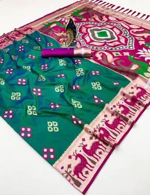Rama soft saree with zari weawing meenakari rich pallu and unique ikkat border 3