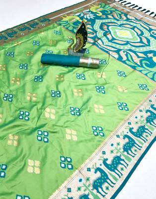 Green soft saree with zari weawing meenakari rich pallu and unique ikkat border 2
