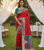 Pink soft  saree with zari weawing meenakari rich pallu and unique ikkat border