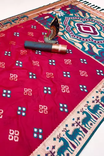 Pink soft saree with zari weawing meenakari rich pallu and unique ikkat border
