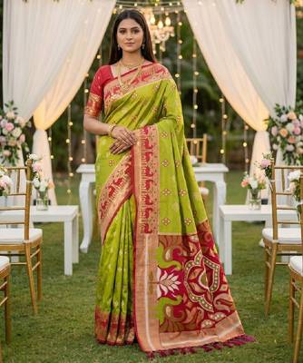 Green soft saree with zari weawing meenakari rich pallu and unique ikkat border 1