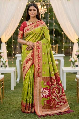 Green soft  saree with zari weawing meenakari rich pallu and unique ikkat border
