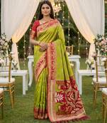 Green soft  saree with zari weawing meenakari rich pallu and unique ikkat border