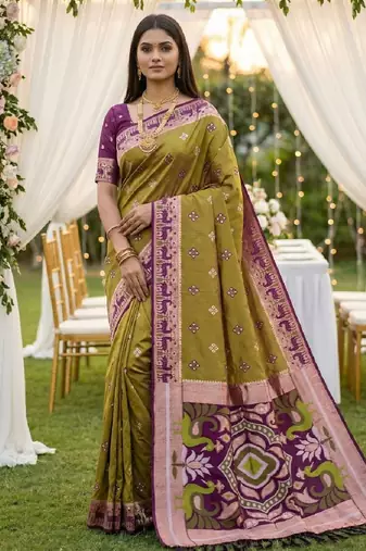 Musterd soft  saree with zari weawing meenakari rich pallu and unique ikkat border
