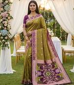 Musterd soft  saree with zari weawing meenakari rich pallu and unique ikkat border