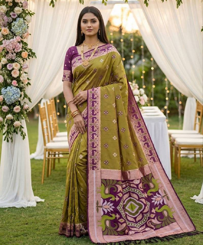 Musterd soft  saree with zari weawing meenakari rich pallu and unique ikkat border