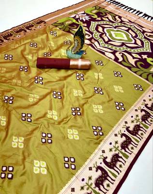 Musterd soft saree with zari weawing meenakari rich pallu and unique ikkat border 2