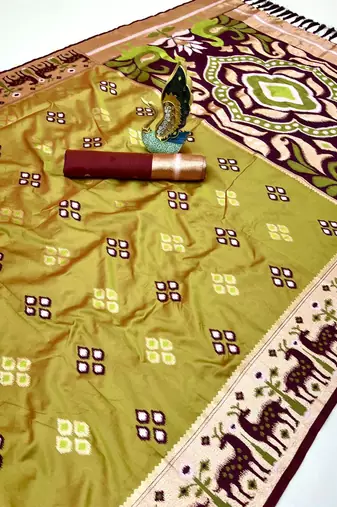 Musterd soft saree with zari weawing meenakari rich pallu and unique ikkat border