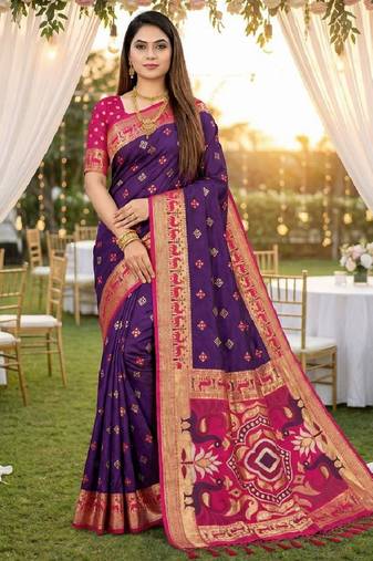 Purple soft  saree with zari weawing meenakari rich pallu and unique ikkat border