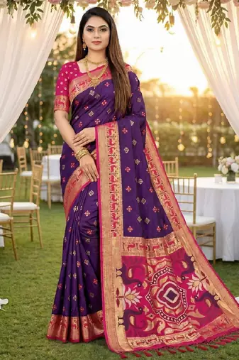 Purple soft  saree with zari weawing meenakari rich pallu and unique ikkat border