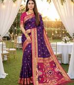 Purple soft saree with zari weawing meenakari rich pallu and unique ikkat border