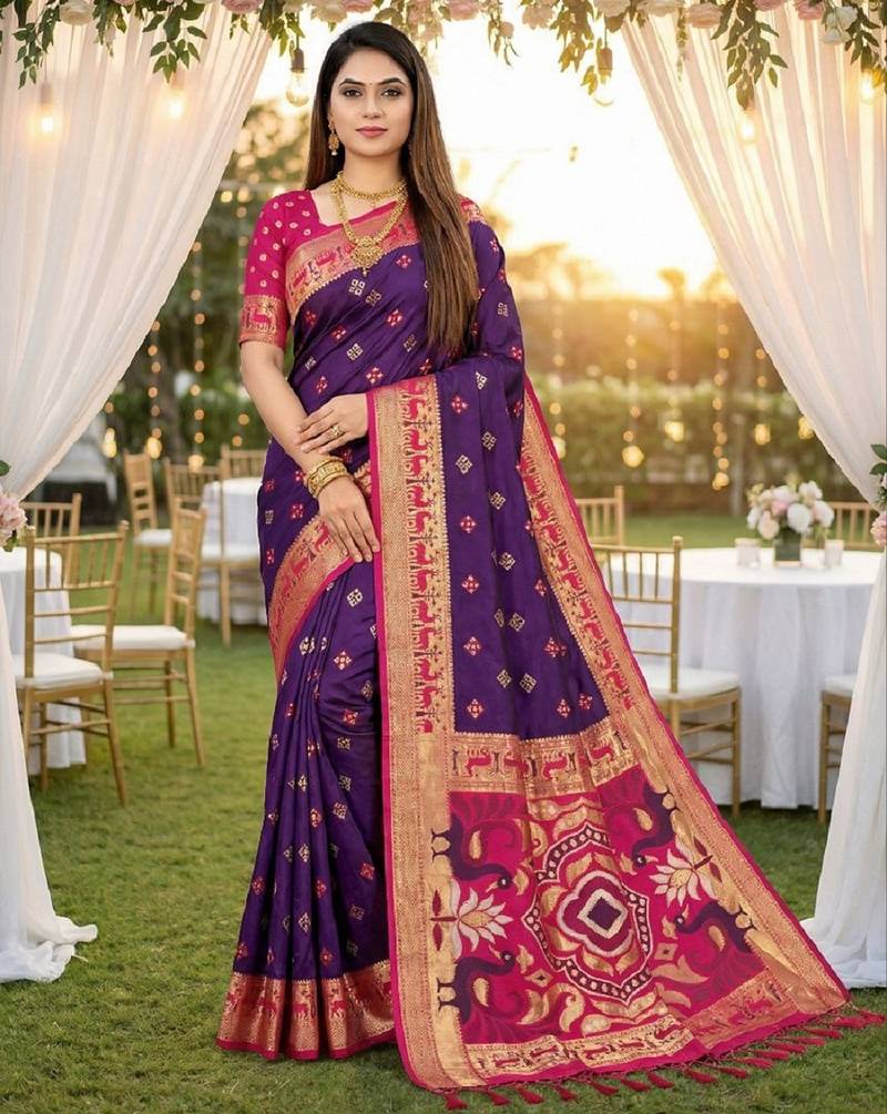 Purple soft  saree with zari weawing meenakari rich pallu and unique ikkat border