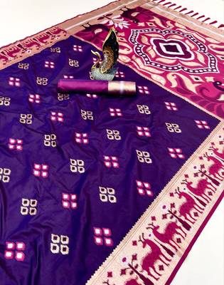 Purple soft saree with zari weawing meenakari rich pallu and unique ikkat border 2