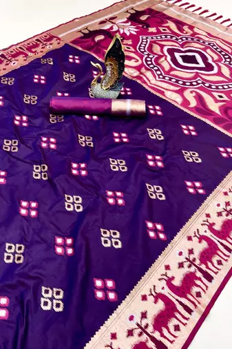 Purple soft saree with zari weawing meenakari rich pallu and unique ikkat border