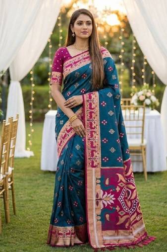 Teal soft  saree with zari weawing meenakari rich pallu and unique ikkat border