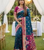 Teal soft saree with zari weawing meenakari rich pallu and unique ikkat border