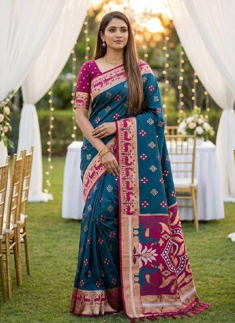 Teal soft  saree with zari weawing meenakari rich pallu and unique ikkat border